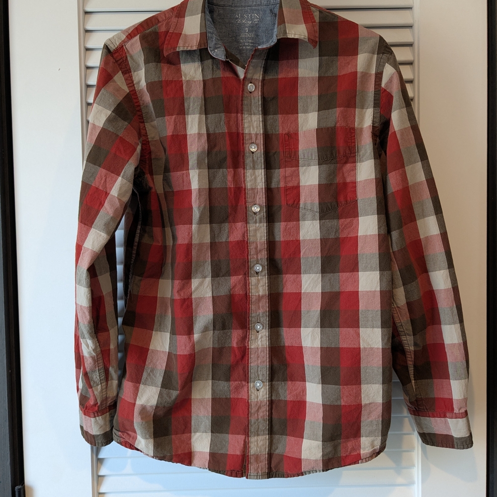 Men's Plaid Button-Up Shirt - Red and Gray